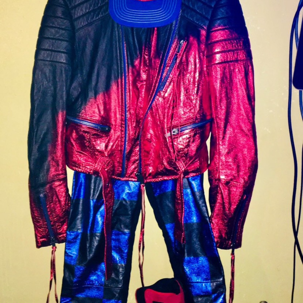 Red and Blue Leather Jacket and Pants Set